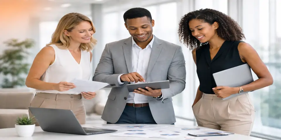 Team analyzing market trends and lead data to refine corporate strategies.