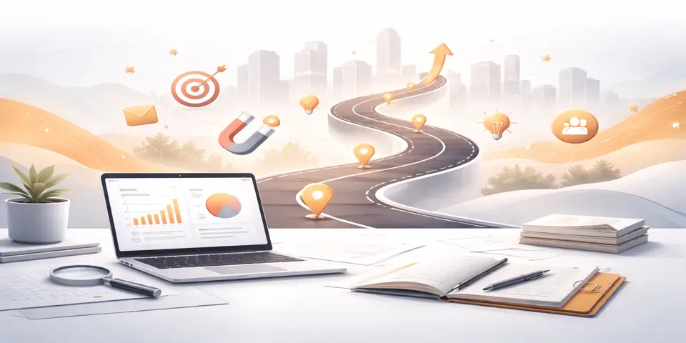 Laptop displaying lead trend analytics with roadmap markers and conversion insights.