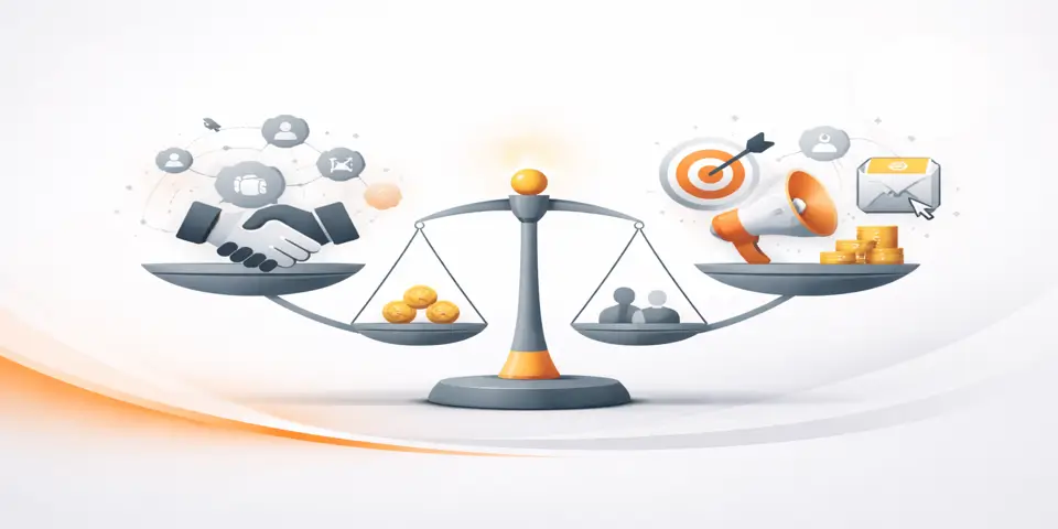 Abstract representation of dual lead generation paths through partnership and ads.