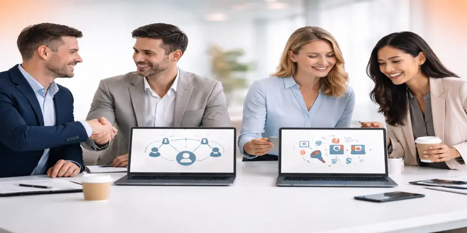 Team collaboration representing partnership marketing versus digital marketers planning paid campaigns.