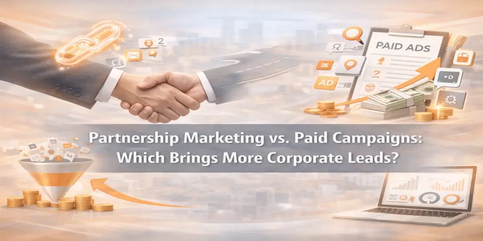 Comparison of partnership marketing and paid campaigns with visuals of handshake and ad clipboard.