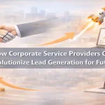 Corporate lead innovation shown through AI-human handshake, growth funnel, and futuristic charts.