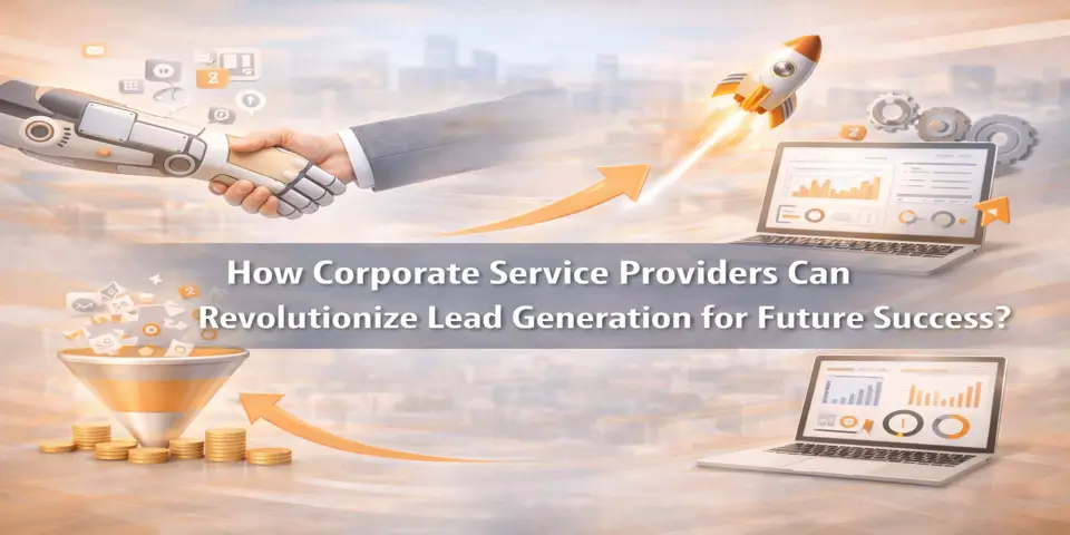 Corporate lead innovation shown through AI-human handshake, growth funnel, and futuristic charts.