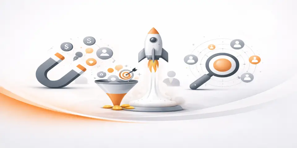 Abstract growth funnel with digital lead generation elements.