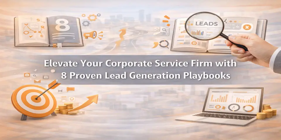 Open playbooks and lead funnel representing proven strategies for corporate service firms.