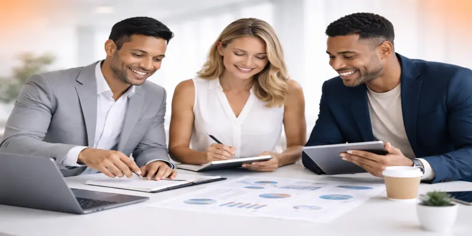 Team of professionals analyzing lead generation strategies and campaign results.