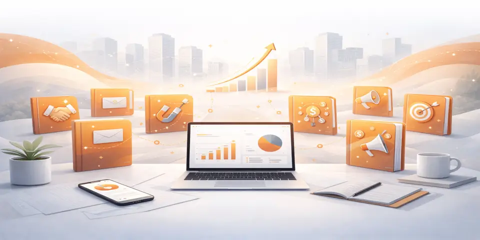 Laptop dashboard with lead analytics and digital playbooks.