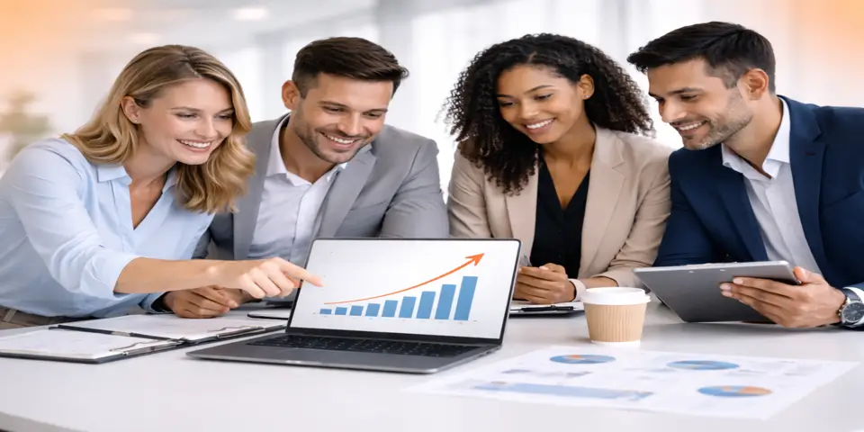 Team collaborating on strategies for achieving steady corporate growth.