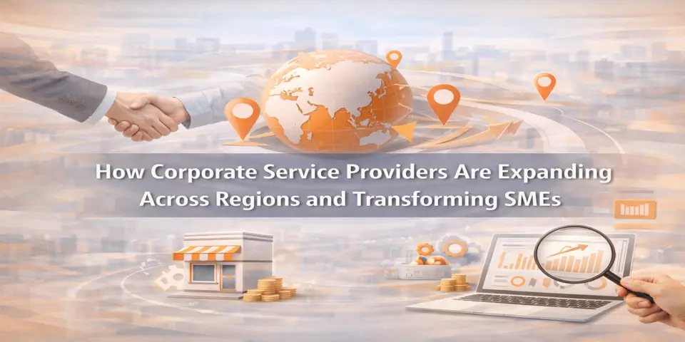 Global business expansion with handshake, regional map markers, and SME transformation visuals.