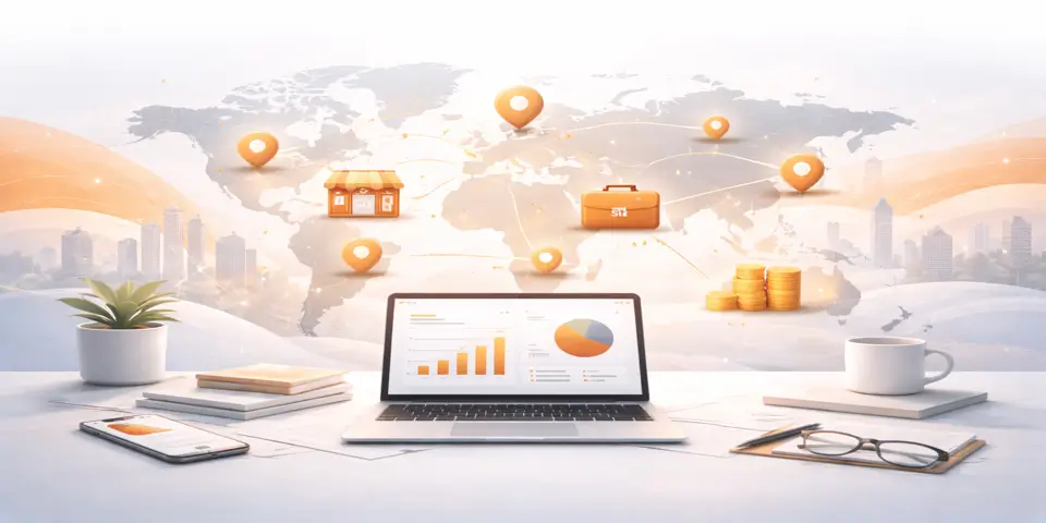Laptop with regional business expansion analytics and SME impact indicators.
