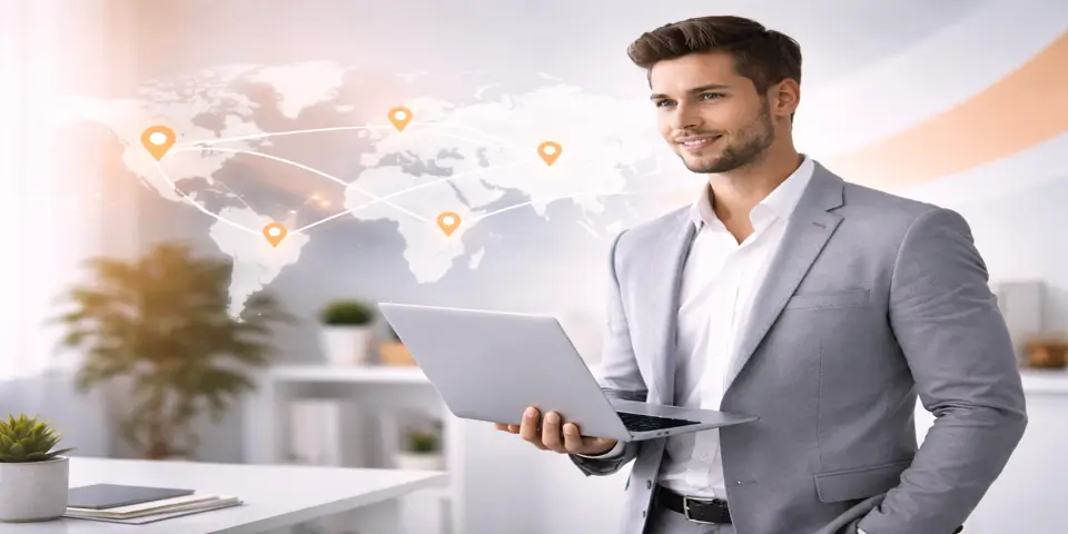 Professional analyzing regional service expansion and SME performance metrics.