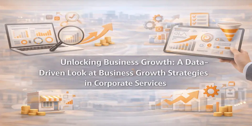 Laptop, tablet, and analytics visuals showcasing corporate business growth strategies.