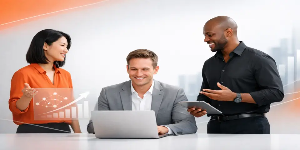 Small team discussing new service models and strategic corporate growth plans.