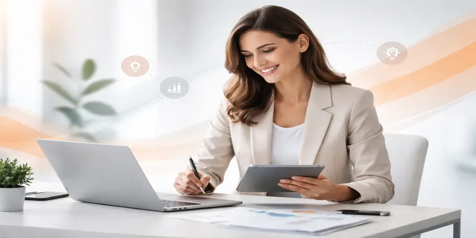 Professional reviewing analytics on a device to analyze emerging business models.