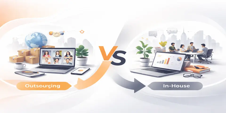 Device showing analytics comparing outsourcing and in house corporate growth models.