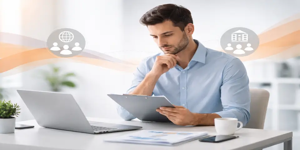 Professional assessing business data on a device to choose the right expansion strategy.