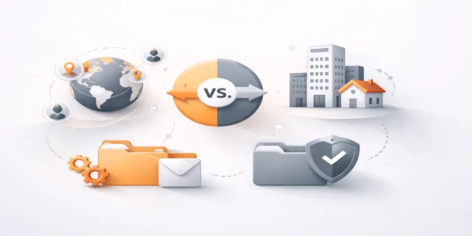 Abstract shapes symbolizing decision making between outsourcing and internal operations.