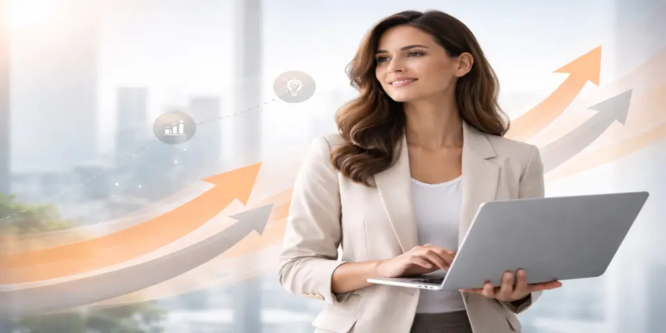 Professional analyzing future business trends on a device for long term service planning.