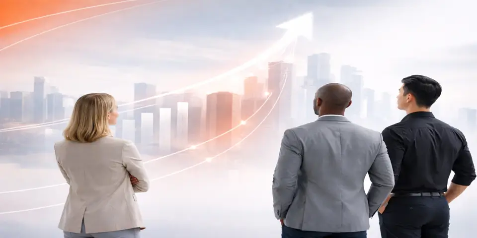 Small team discussing future growth opportunities and long term service models.