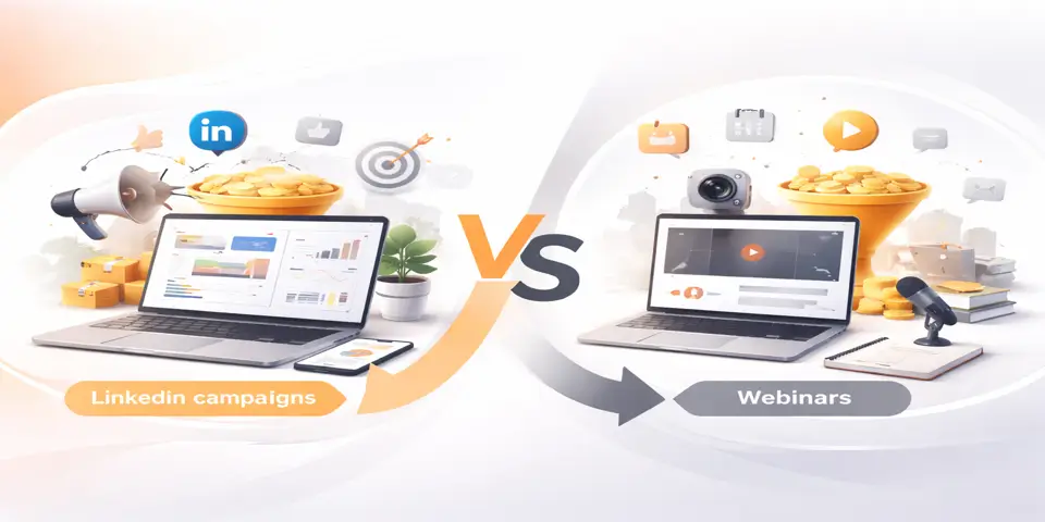 Device showing performance metrics comparing LinkedIn campaigns and webinars.