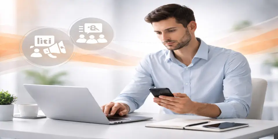 Professional reviewing campaign and webinar analytics on a device to assess training lead quality.