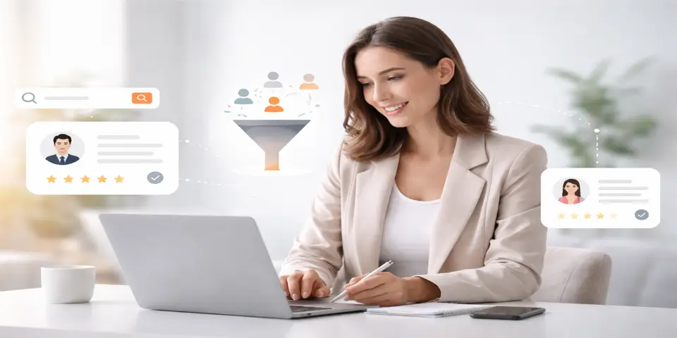 Professional analyzing lead generation data on a digital device.