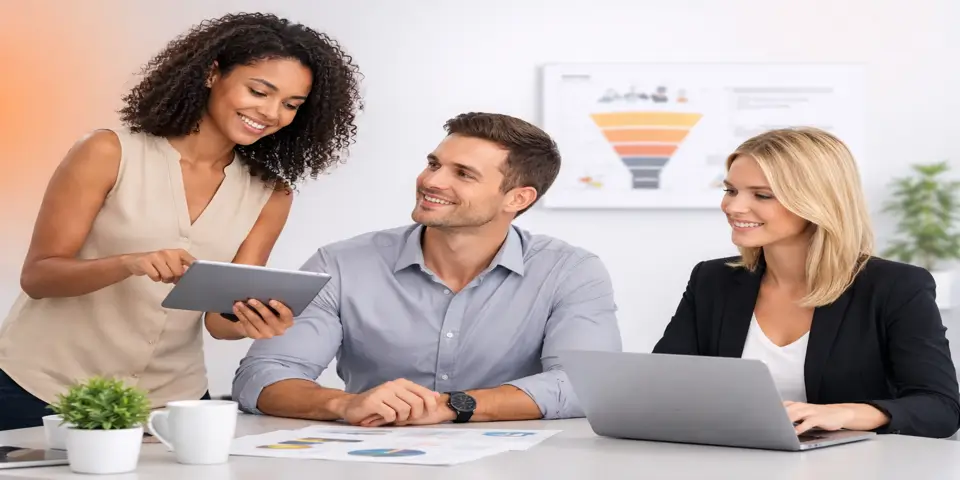 Team collaborating on modern lead generation ideas and training outreach.