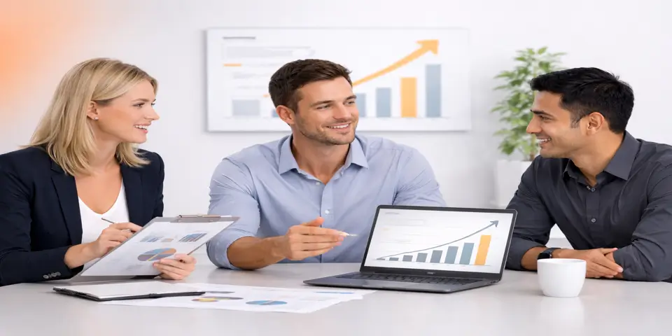 Team discussing business growth opportunities and strategic improvements.