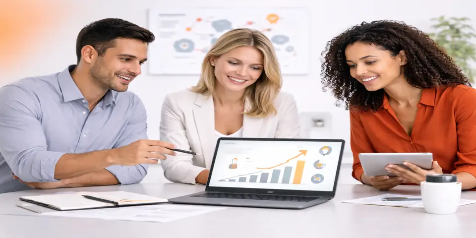 Team discussing emerging growth models for corporate training success.