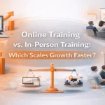 Comparison visuals showing online and in-person training models for growth scaling.