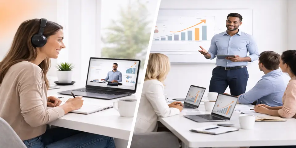 Team comparing growth outcomes of online and in-person training formats.