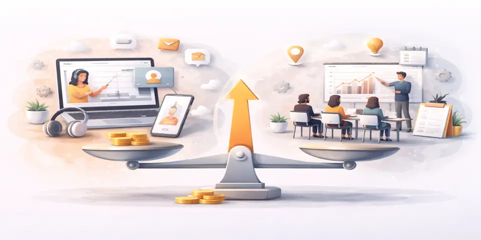 Laptop with analytics dashboard comparing online and in-person training trends.