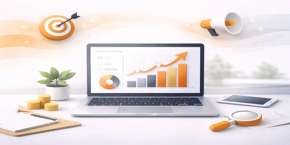 Laptop displaying consulting business growth analytics and performance insights