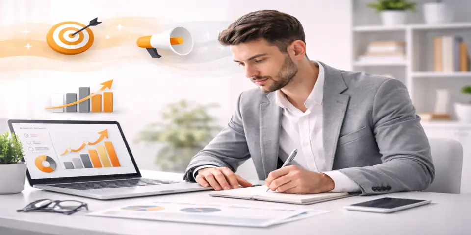 Consultant planning scalable business growth strategy on laptop