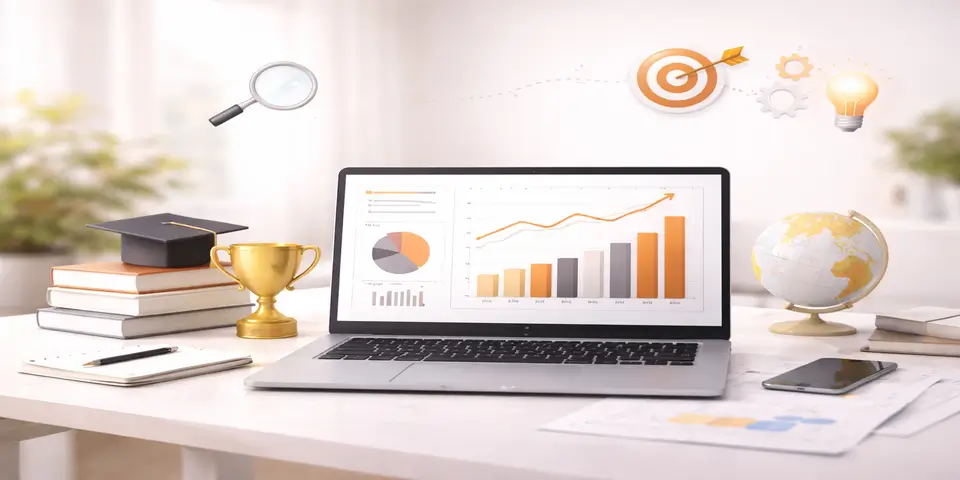 Laptop displaying education growth analytics and performance dashboards