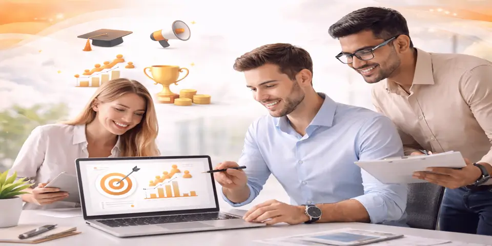 Training firm teams collaborating on strategies to attract thousands of learners