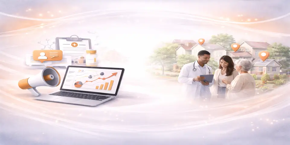 Healthcare digital marketing analytics displayed on a laptop