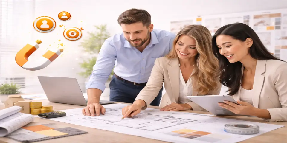 Interior design team collaborating on lead generation strategy and planning