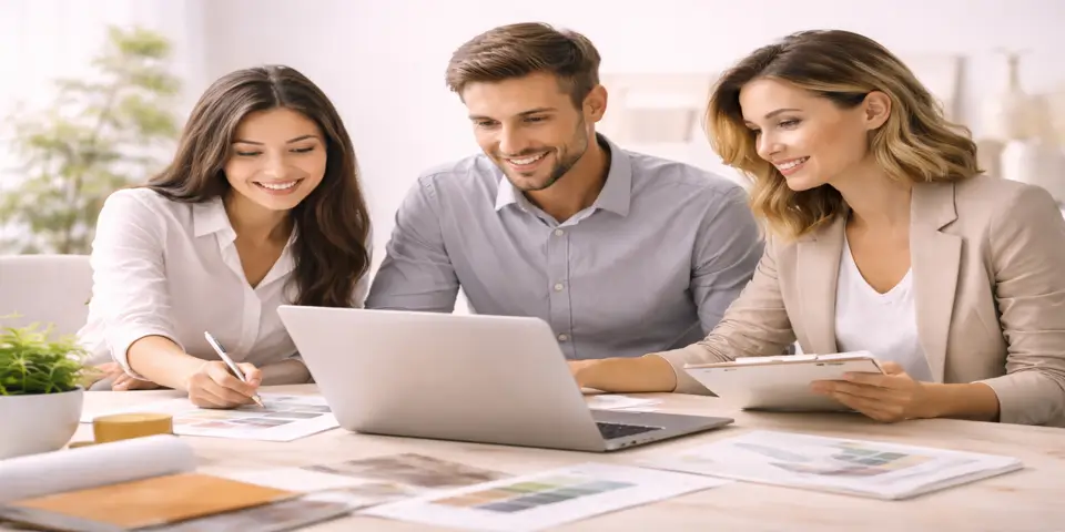 Interior design team collaborating on creative lead generation ideas