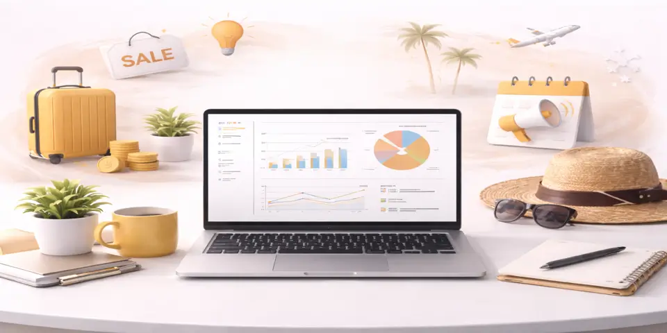 A clean abstract visual using icons and shapes to represent fluctuating demand, seasonality challenges, and inconsistent lead flow in travel marketing