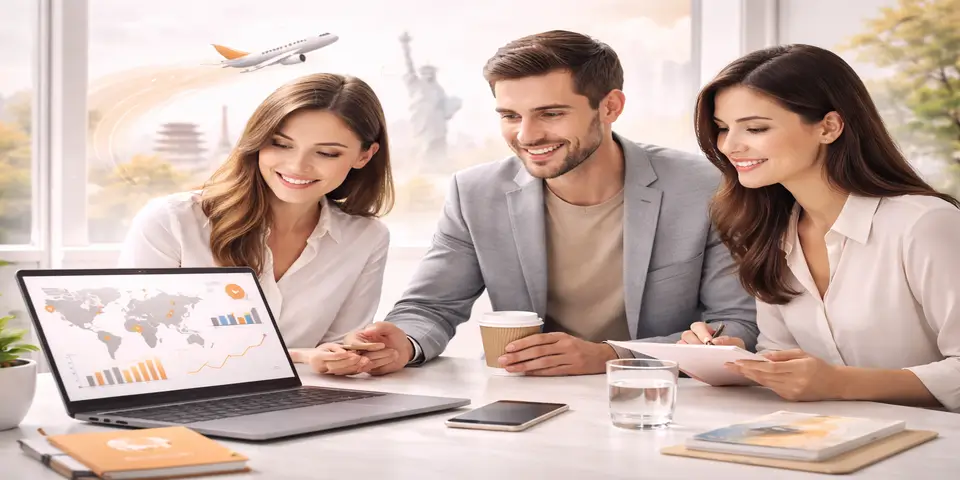 Group of professionals collaborating on international market expansion strategies for travel brands