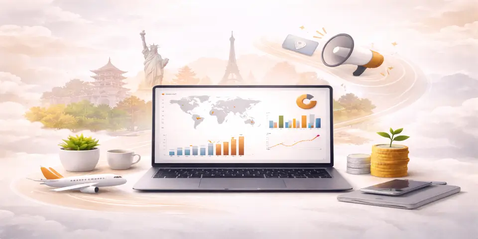 Laptop displaying analytics for travel brand international expansion