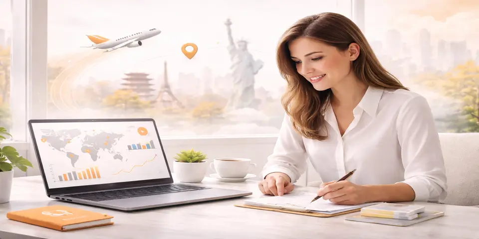 Young professional analyzing global travel expansion data for business growth