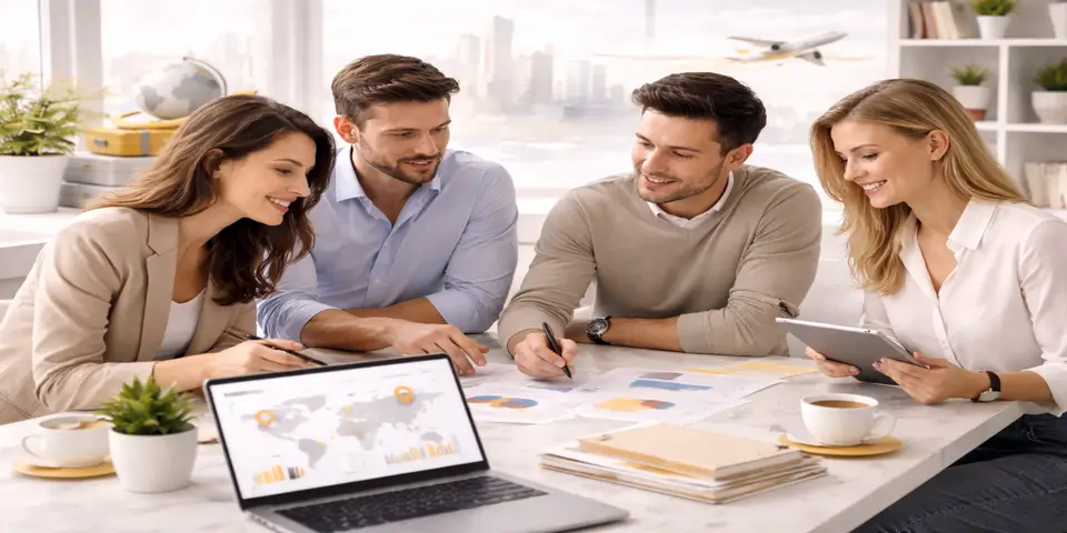 Team collaborating on growth strategies for travel business success