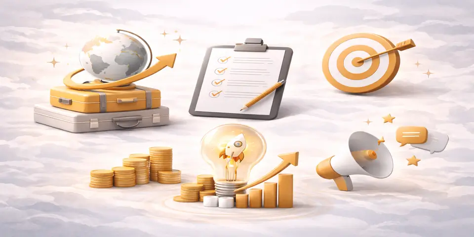 Abstract symbols representing proven growth strategies for travel businesses