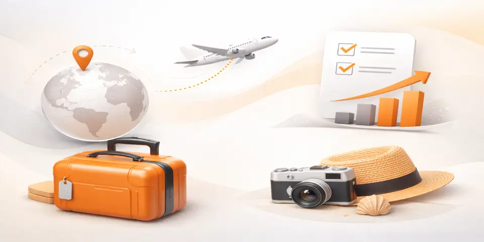 Abstract representation of future tourism growth with global travel symbols