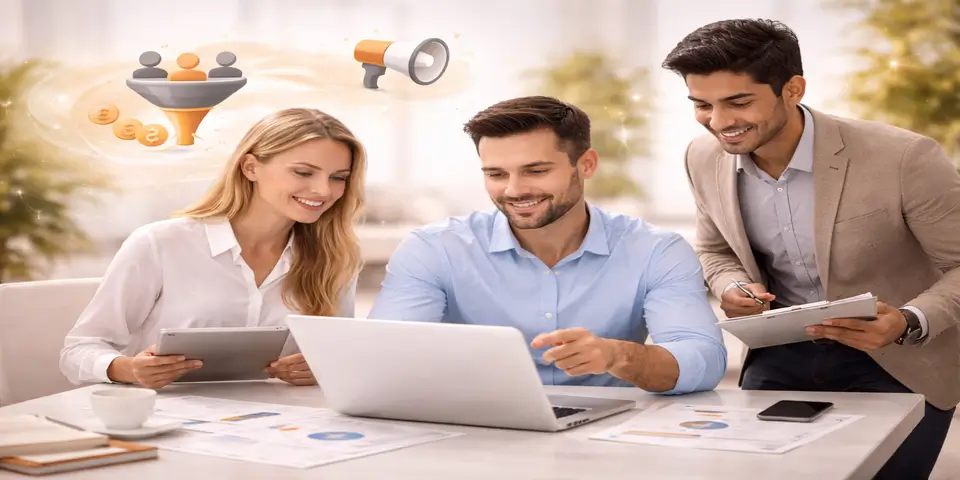 Marketing team collaborating on hospitality lead generation channel strategy