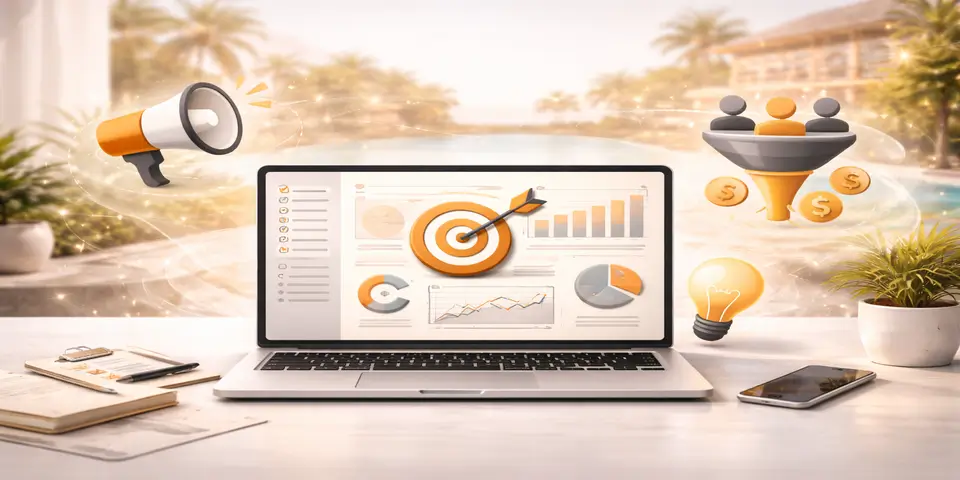 Laptop displaying hospitality lead generation channel performance insights