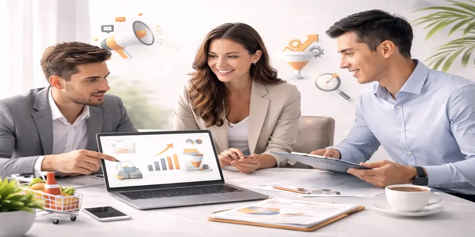 Marketing team collaborating on food and beverage lead generation strategy