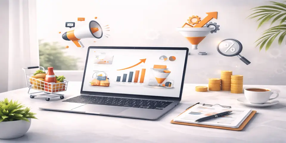 Laptop workspace showing lead generation engine for food and beverage brands